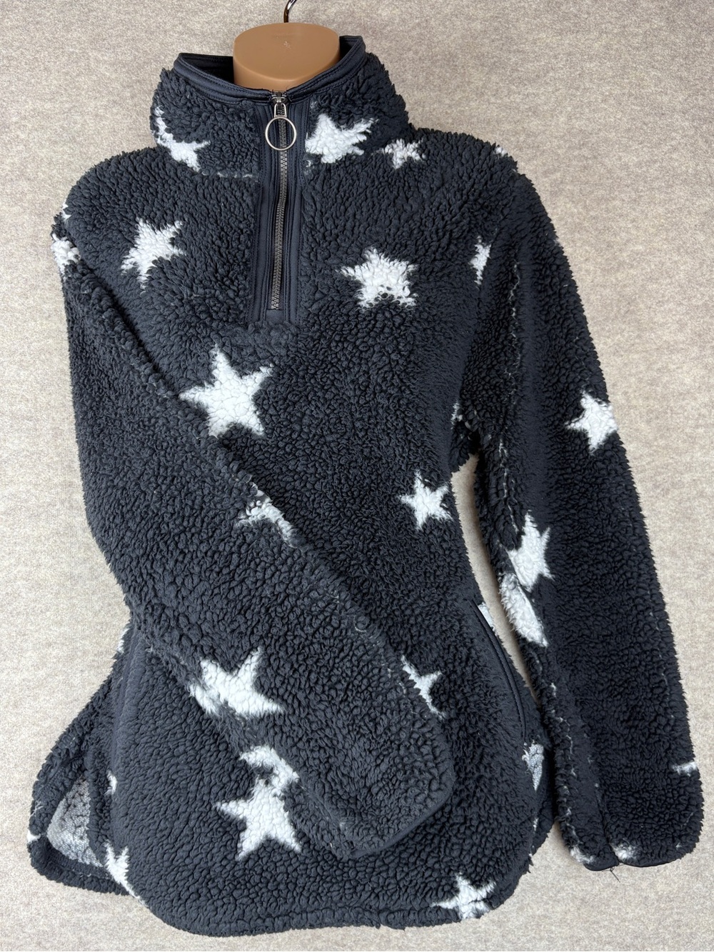 Cozy Sherpa Black Stars Quarter Zip Fleece Pullover Jacket Medium